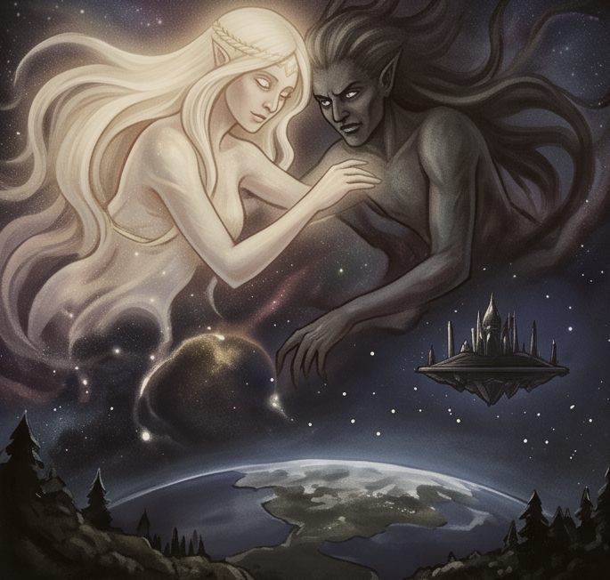 Duas entidades colossais entre as estrelas, uma clara e uma escura, com as mãos quase se tocando sobre um mundo recém-formado.