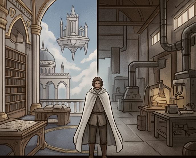 À esquerda, uma biblioteca de arcos e cúpulas sob um castelo flutuante; à direita, uma oficina de tubulações e alambiques. Entre as duas, uma pessoa de capa branca.