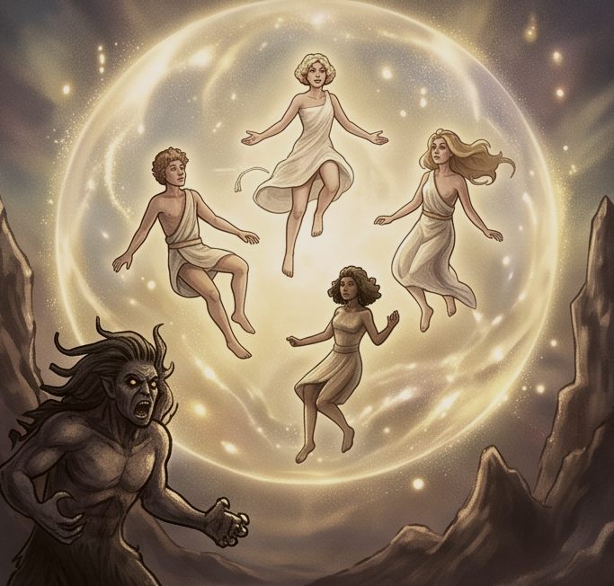 Cinco figuras suspensas dentro de uma esfera de luz dourada; abaixo, no chão de pedra, uma figura escura observa.