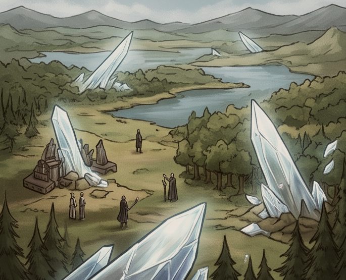 Fragmentos de cristal luminoso cravados numa paisagem de colinas e lagos, com figuras humanas pequenas ao redor deles.