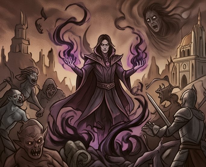 Um mago de manto escuro com as mãos erguidas e energia saindo delas, cercado de espectros e criaturas, diante de uma cidade sitiada.