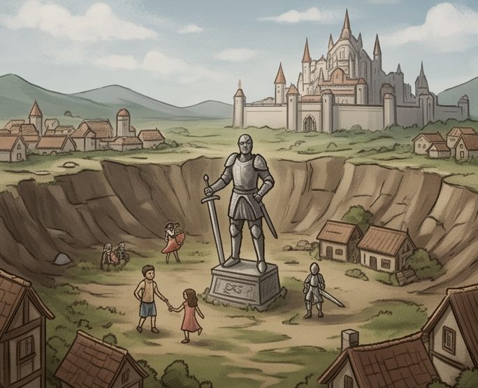 Uma cratera tomada pelo mato no meio de uma vila, com a estátua de um cavaleiro no centro e crianças brincando ao redor.