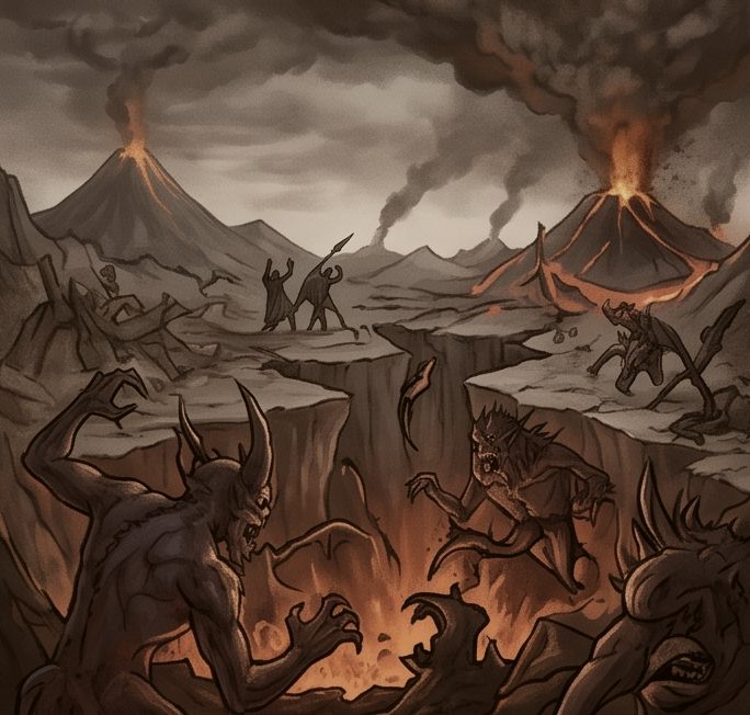 Terra rachada entre vulcões em erupção, com criaturas saindo das fendas e figuras humanas fugindo ao longe.